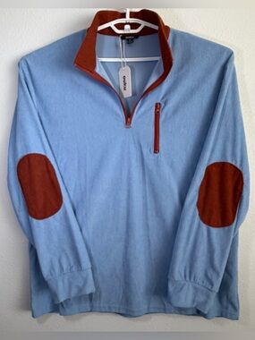 OUKU Men’s XL 1/4 Zip Pullover Ribbed Knit Light Blue Elbow Patches NWT
